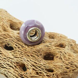 Purple and White Polka Dots European Glass Charm Bead with Silver Core Center